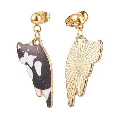 Alloy Cat Dangle Stud Earrings with Enamel, Gold Plated 304 Stainless Steel Jewelry for Women