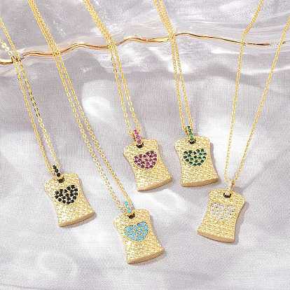 Collares ajustables con colgante rectangular de corazón y circonitas cúbicas micro pavé de latón., sin plomo y cadmio, chapado en rack, larga duración plateado, real 18 k chapado en oro