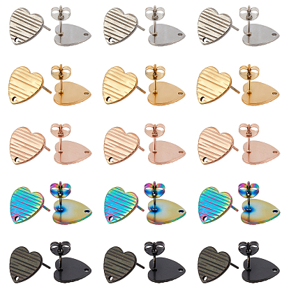 30Pcs 5 Colors Ion Plating(IP) 304 Stainless Steel Stud Earring Findings, with Ear Nuts/Earring Backs and Hole, Textured Heart Shape with Cross Grain