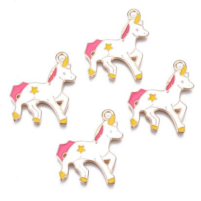 Alloy Pendants, Cadmium Free & Lead Free, with Enamel, Unicorn, Light Gold