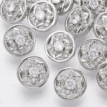 Brass Shank Buttons, with Micro Pave Cubic Zirconia, Flat Round with Star, Clear