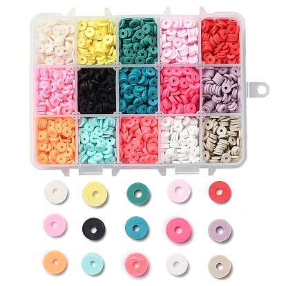 150g 15 Colors Handmade Polymer Clay Beads, Heishi Beads, for DIY Jewelry Crafts Supplies, Disc/Flat Round