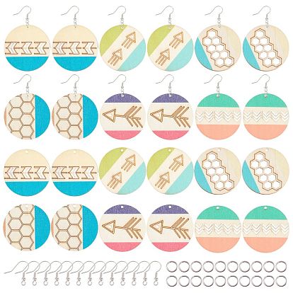 DIY 12Pairs Printed Natural Poplar Wood Earring Making Kits, Including 6 Styles Pendants, Brass Earring Hooks and Iron Jump Rings