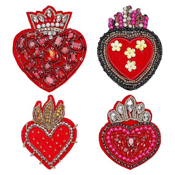 4Pcs 4 Styles Heart Polyester Embroidered Cloth Patch, with Glass and Plastic Beads, Computerized Embroidery Cloth Iron on/Sew on Patches, Costume Accessories, Appliques
