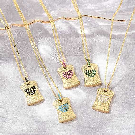 Collares ajustables con colgante rectangular de corazón y circonitas cúbicas micro pavé de latón., sin plomo y cadmio, chapado en rack, larga duración plateado, real 18 k chapado en oro