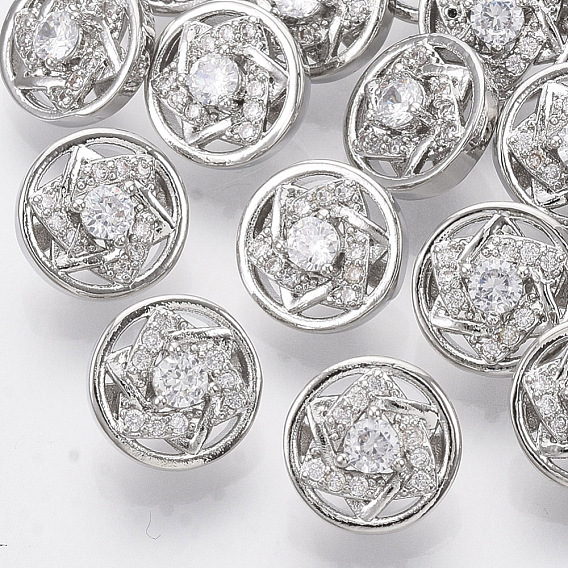 Brass Shank Buttons, with Micro Pave Cubic Zirconia, Flat Round with Star, Clear
