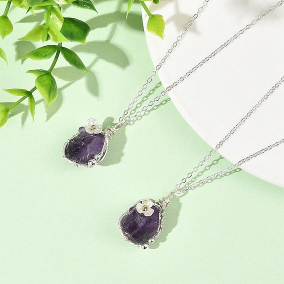 Raw Natural Amethyst Nuggets with Flower Wire Wrapped Pendant 304 Stainless Steel Cable Chain Necklaces