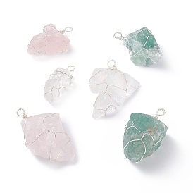 3Pcs 3 Styles Rough Raw Natural Rose Quartz & Quartz Crystal & Green Aventurine Big Pendants, with Eco-Friendly Silver Tone Copper Wire Wrapped, Nuggets