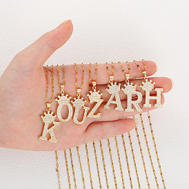 Хип-хоп латунные микропаве кубические цирконии корона инициал подвеска ожерелья, 304 ожерелья из нержавеющей стали с цепочкой для женщин