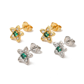Rack Plating Brass Micro Pave Clear & Green Cubic Zirconia Star Ear Studs, Long-Lasting Plated, Cadmium Free & Lead Free