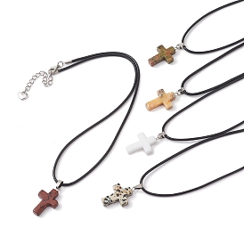 Natural Mixed Gemstone Cross Pendant Necklaces, with Imitation Leather Cords