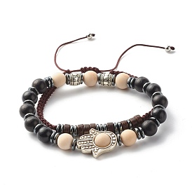 Family Morse Code Stretch Bracelets Set, Hamsa Hand /Hand of Miriam Link Bracelets, Natural Fossil & Wood & Synthetic Hematite Beads Bracelets, Secret Message Lucky Gift for Family