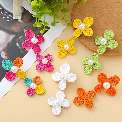 Серьги-гвоздики с цветочной латунной фурнитурой из рафии, золотые, с имитацией жемчуга