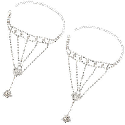 2шт. браслет с теннисным кольцом и кристаллами из горного хрусталя, латунный браслет-цепочка с регулируемым кольцом на палец, ручная цепочка для женщин