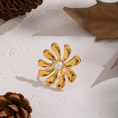 304 открытые кольца-манжеты из нержавеющей стали для женщин, цветок, с имитацией жемчуга, вакуумное покрытие pvd