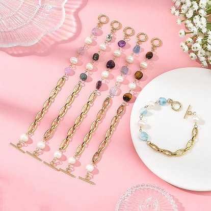 Natural Mixed Gemstone Nuggets and Pearl Beaded Chain Bracelets with 304 Stainless Steel Cross Link Chains and OT Clasps, Golden