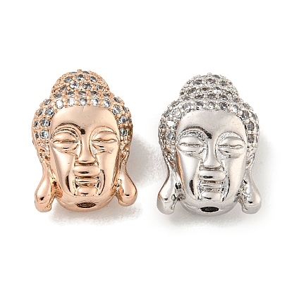 Brass Micro Pave Clear Cubic Zirconia Beads, Cadmium Free & Nickel Free & Lead Free, Buddha Head