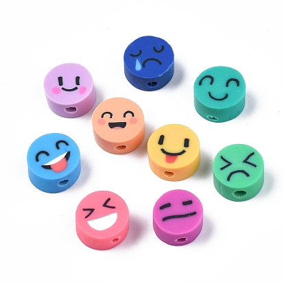 Handmade Polymer Clay Beads, Flat Round with Expression