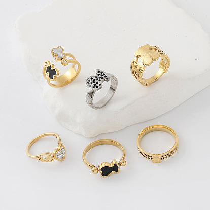304 Stainless Steel Rhinestone Finger Rings for Women, Heart, with Enamel