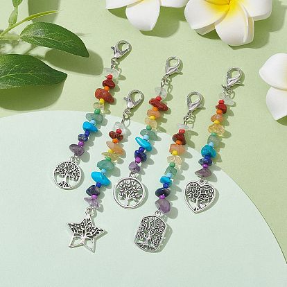 Décorations pendentif en alliage de style tibétain arbre de vie, avec des perles de pierres précieuses naturelles et des fermoirs mousquetons