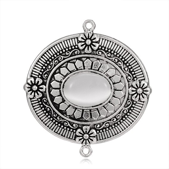 Antique Silver Plated Oval Alloy Cat Eye Links, 53x49.5x7mm, Hole: 2mm