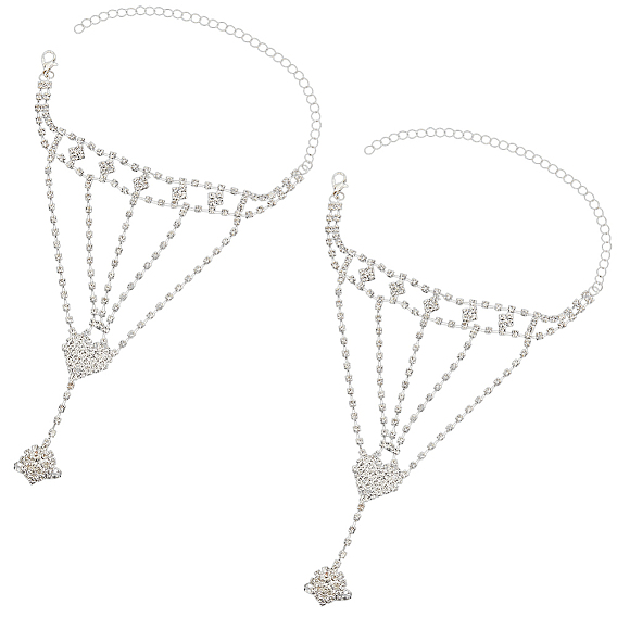 2шт. браслет с теннисным кольцом и кристаллами из горного хрусталя, латунный браслет-цепочка с регулируемым кольцом на палец, ручная цепочка для женщин