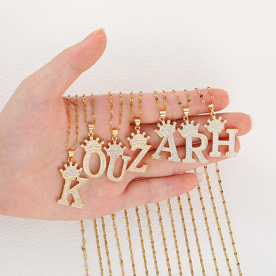 Хип-хоп латунные микропаве кубические цирконии корона инициал подвеска ожерелья, 304 ожерелья из нержавеющей стали с цепочкой для женщин