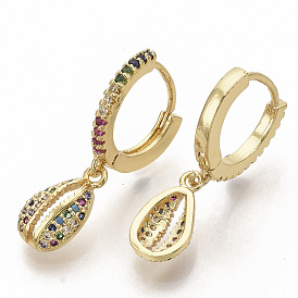 Brass Micro Pave Colorful Cubic Zirconia Dangle Hoop Earrings, Cowrie Shell Shape, Real 16K Gold Plated
