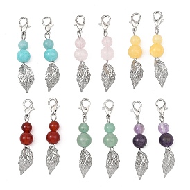 24 pièces 6 couleurs naturelles chevron améthyste, cornaline, quartz rose, jade jaune, aventurine verte, améthyste et feuille 304 pendentifs en acier inoxydable, avec alliage de zinc homard fermoirs pince