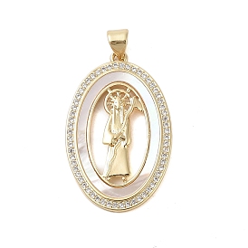 Brass Micro Pave Clear Cubic Zirconia Pendants, with Shell, Oval with Jesus