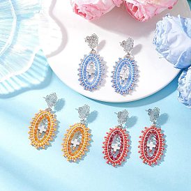 3 Pairs Cross Oval Glass Seed Bead Woven Stud Earrings, with Non-Tarnish 304 Stainless Steel Dangle Earrings