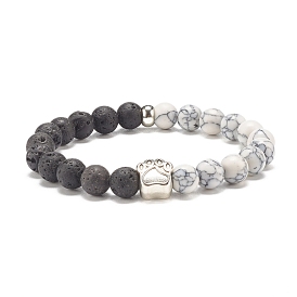 Synthetic Howlite & Natural Lava Rock Round Beaded Stretch Bracelet with Alloy Paw Print, Gemstone Jewelry for Women
