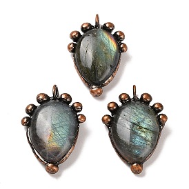 Natural Labradorite Pendants, Teardrop Charms with Rack Plating Red Copper Tone Handmade Solder Tin, Cadmium Free & Lead Free