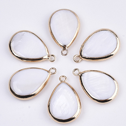 Natural Freshwater Shell Pendants, with Golden Plated Brass Open Back Settings, Teardrop