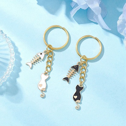 Подвесные брелки из сплава эмали, с железными разрезными брелоками, форма кошки с рыбьей костью, золотые