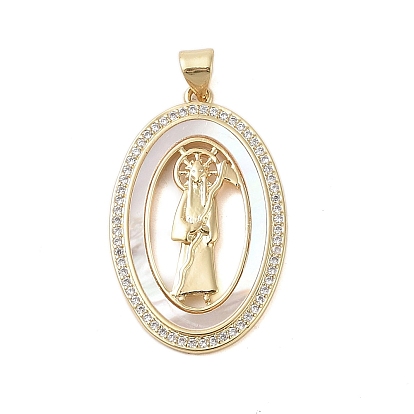 Brass Micro Pave Clear Cubic Zirconia Pendants, Cadmium Free & Lead Free, with Shell, Oval with Jesus