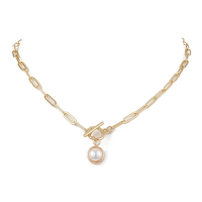 Colliers ronds à pendentif enveloppés de fil de cuivre, perles d'eau douce naturelles, colliers de chaîne de trombone en laiton pour les femmes