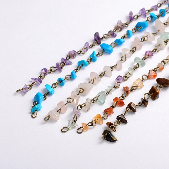 Handmade Gemstone Chips Beads Chains for Necklaces Bracelets Making, with Iron Eye Pin, Unwelded, 39.3 inch , Beads: 5~9mm