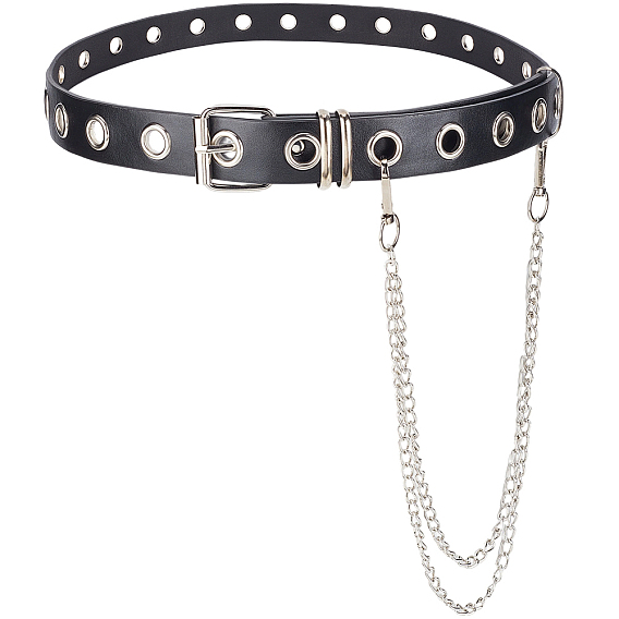 Ceintures de taille en cuir PU noir, avec œillets en alliage et doubles chaînes à pompons