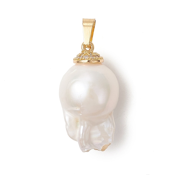 Подвески из натурального барочного жемчуга кеши, Подвески в виде самородков с латунными микропаве из прозрачных кубических цирконий и 304 фурнитурой из нержавеющей стали., цветочный белый