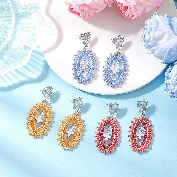 3 пары серег-гвоздиков с перекрещенными овальными бусинами из стекла, с не тускнеющими 304 подвесными серьгами из нержавеющей стали