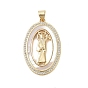 Brass Micro Pave Clear Cubic Zirconia Pendants, Cadmium Free & Lead Free, with Shell, Oval with Jesus