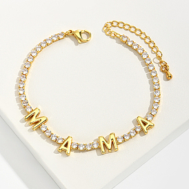 Cubic Zirconia Tennis Bracelet, Word MAMA Brass Link Chain Bracelets for Mother's Day