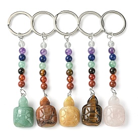 Tortoise Natural Gemstone Keychain, with 7 Chakra Beads and Iron Key Rings, for Women Men Hanging Car Bag Charms