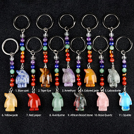 Gemstone Keychain, with Quartz Crystal, Amethyst, Lapis, Aventurine, Red Agate, Red Jasper, Penguin