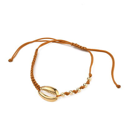 Adjustable Nylon Thread Braided Bead Bracelets, with Alloy Links and Round Brass Beads, Cowrie Shell Shapes, Golden
