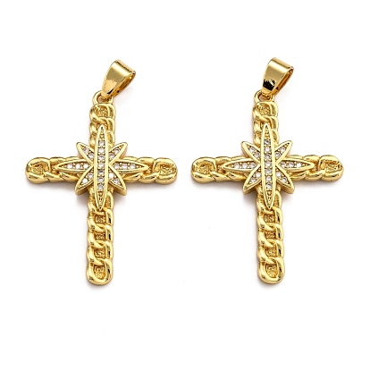 Brass Micro Pave Clear Cubic Zirconia Pendants, Cadmium Free & Lead Free, Long-Lasting Plated, Cross