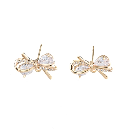 Brass Micro Pave Clear Cubic Zirconia Stud Earring Findings, with Horizontal Loops, Nickel Free, Bowknot