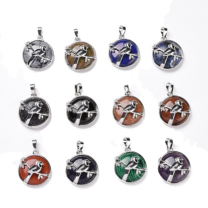 Natural & Synthetic Gemstone Pendants, with Platinum Plated Brass Findings, Flat Round with Magpie, Cadmium Free & Lead Free, Mixed Dyed and Undyed