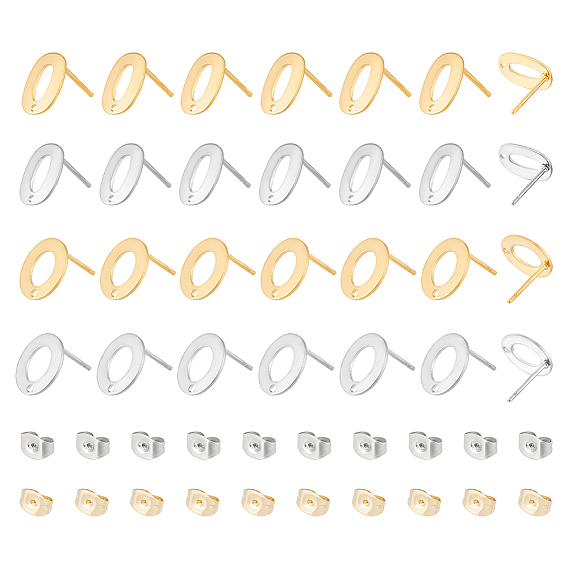 56шт 4 стили 201 фурнитура для сережек из нержавеющей стали, с ушными гайками и 304 штифтами из нержавеющей стали, овал и бублик с отверстием